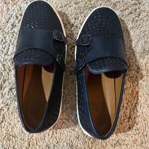 Massimo Dutti Men's Blue Double Monk Strap Woven Leather Loafers.